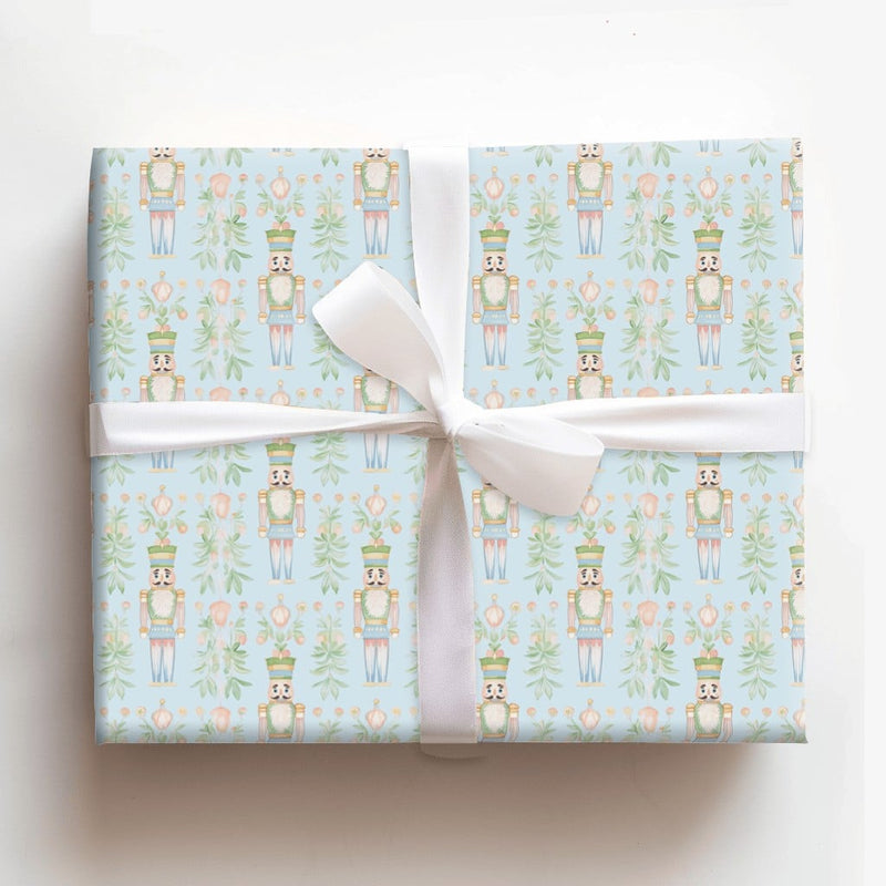 Christmas Soldier Holiday Gift Wrap, Watercolor Nutcracker Wrapping Paper, Pastel Floral Wrapping Paper, Light Blue Festive Gift Wrap Roll