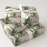 Snowy Houses Gift Wrap, Watercolor Pink Christmas Village Wrapping Paper, Pastel Holiday Wrapping Paper Roll, Adorable Winter Present Wrap