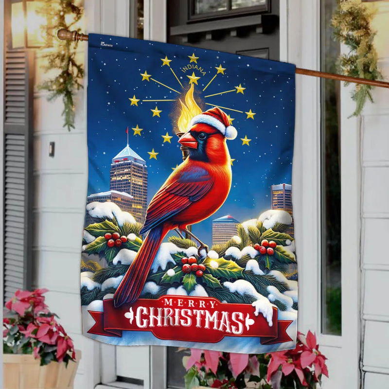 Santa Hat Cardinal Yard Flag, Indiana Christmas Garden Flag, State Torch Hoosier Flag, Double-Sided Holiday Flag, Seasonal Winter Lawn Decor