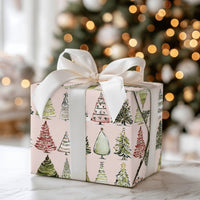 Pink Holiday Gift Wrap, Watercolor Christmas Tree Wrapping Paper, Festive Pine Tree Present Paper, Adorable Winter Holiday Wrapping Paper Roll