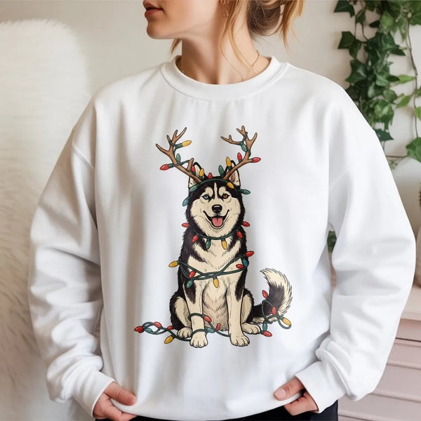 Husky in Christmas Lights Crewneck, Christmas Husky Sweatshirt, Reindeer Antlers Husky Sweater, Holiday Dog Lover Pullover, X
