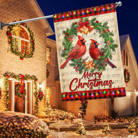 Festive Wreath Red Birds Yard Flag, Merry Christmas Cardinal Garden Flag, Double Sided Winter Holiday Lawn Flag, Bird Lover Present