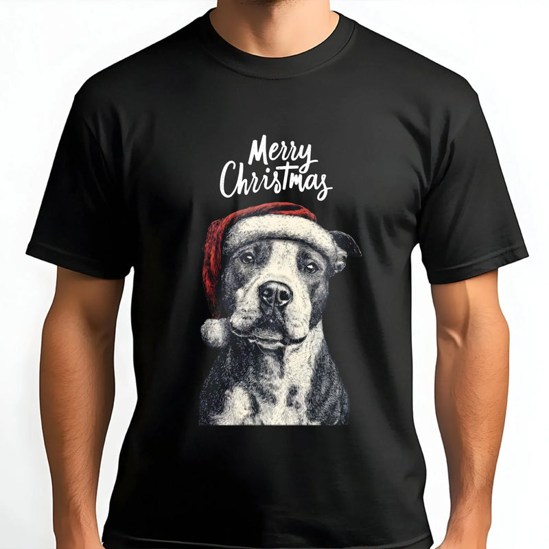 American Pit Bull Terrier in Santa Hat Graphic Tee, Pitbull Christmas T-Shirt, Adorable Dog Mom Holiday T-Shirt, Xmas Pet Lover Present