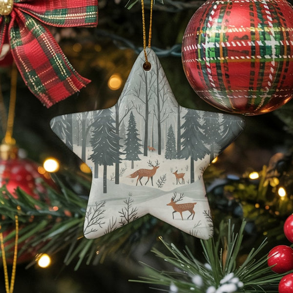 Deer and Fox Woodland Ceramic Ornament, Winter Forest Star Ornament, Rustic Holiday Tree Star Ornament, Nature Keepsake Chris