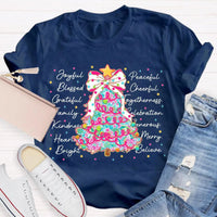 Aesthetic Holiday Graphic Tee, Joyful Peaceful Cheerful Christmas Tree T-Shirt, Retro Xmas Tree Shirt, Festive Winter Holiday Party Top