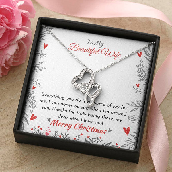 Christmas Heart Pendant with Message Card, Double Heart Necklace for Wife, 14K White Gold Finish Jewelry, Romantic Holiday Pr
