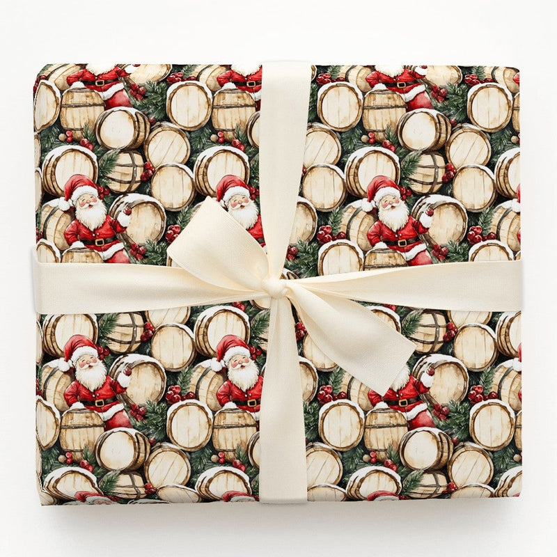 Rustic Holiday Bourbon Gift Wrap, Santa Whiskey Barrel Christmas Wrapping Paper, Vintage Santa Claus Wrapping Paper