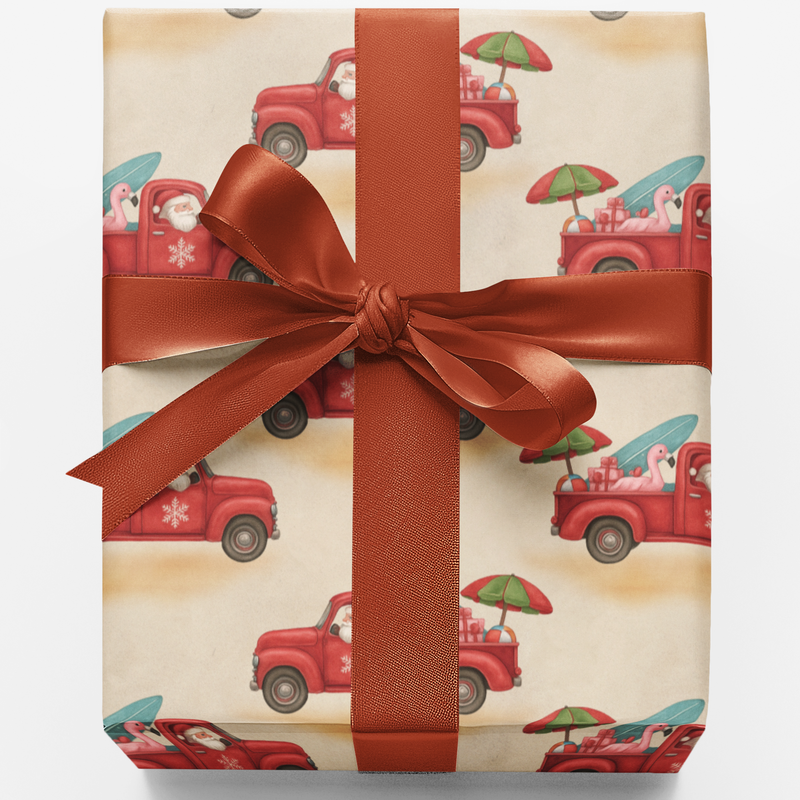 Coastal Christmas Gift Wrap Roll, Surfing Santa Wrapping Paper, Tropical Holiday Gift Wrapping Paper, Beachy Christmas Present Paper