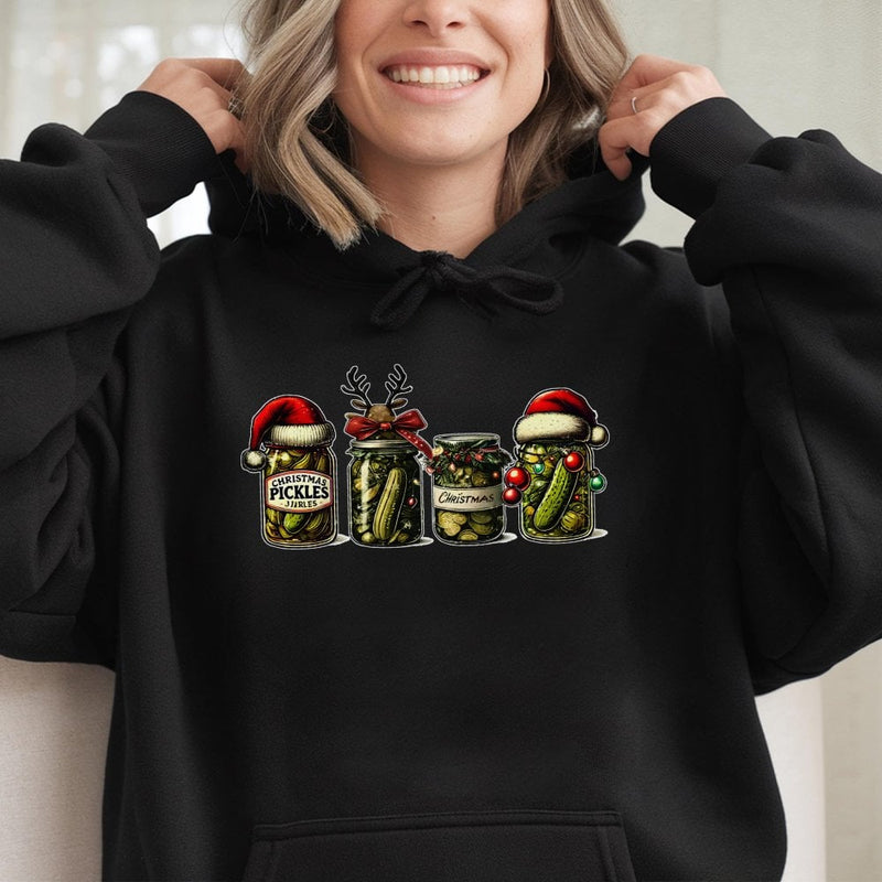 Humorous Pickle Jar Graphic Hoodie, Christmas Pickle Hoodie, Adorable Holiday Season Sweatshirt, Retro Xmas Tradition Hoodie, Foodie Present