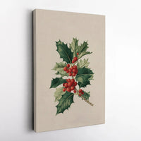 Vintage Botanical Illustration Canvas Print, Holly Berries Canvas Art, Winter Plant Wall Art, Holiday Nature Canvas Decor, Christmas Present