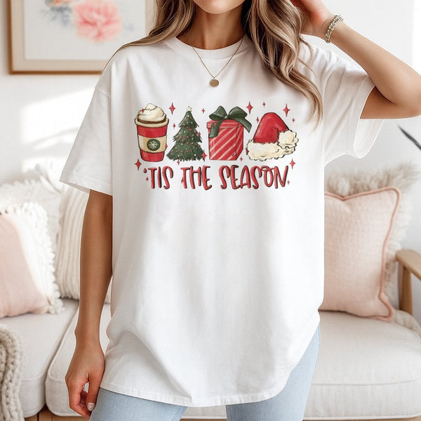 Festive Holiday Tree Graphic Tee, Tis the Season Christmas T-Shirt, Adorable Christmas Coffee Shirt, Winter Holiday Womens Te