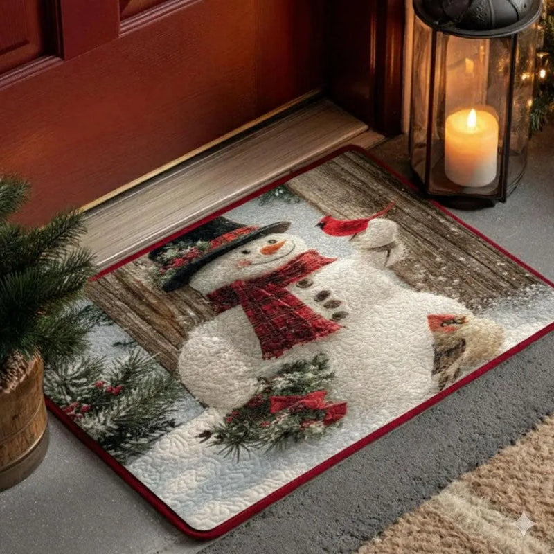 Rustic Winter Welcome Mat, Snowman Cardinal Christmas Doormat, Pine Berries Door Mat, Holiday Porch Decor Mat, Entryway Christmas Floor Mat