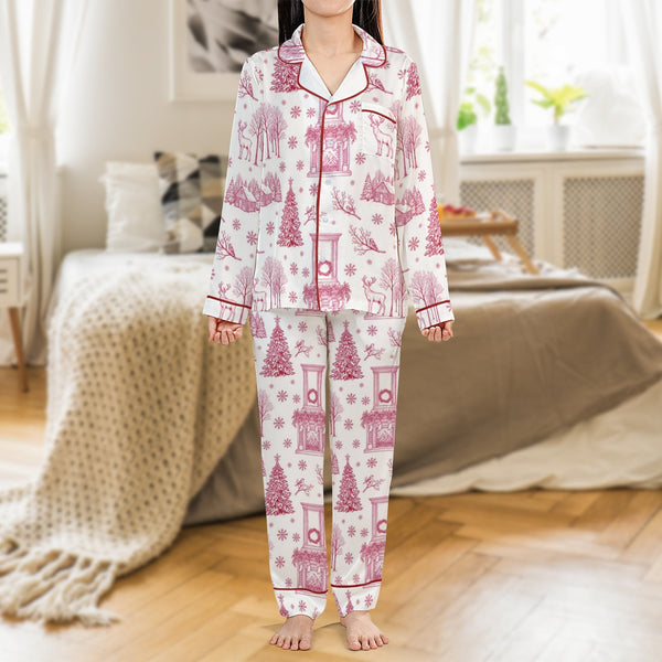 Pine Tree Holiday Satin Pajamas, Winter Deer Christmas Pajama Set, Festive Winter Pajamas, Comfy Christmas Loungewear, Holida
