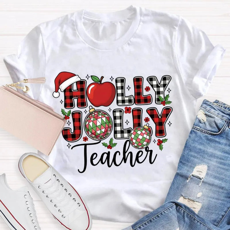 Apple Santa Hat Graphic Tee, Personalized Teacher Christmas Shirt, Custom Name Holiday T-Shirt, Adorable Educator Xmas Tee, Teacher Holiday Present