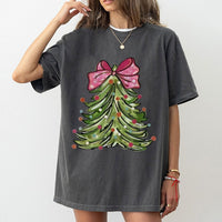Adorable Holiday Tree T-Shirt, Pink Bow Christmas Tree T-Shirt, Festive Pink Bow Christmas Shirt, Retro Xmas Graphic Tee, Seasonal Holiday Present
