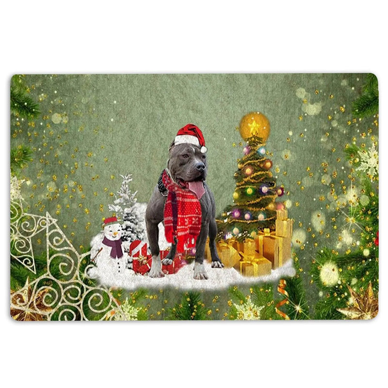 Merry Christmas Snow Scene Welcome Mat, American Bully Christmas Doormat, Dog Holiday Door Mat, Winter Porch Rug, Pet Lover Xmas Present