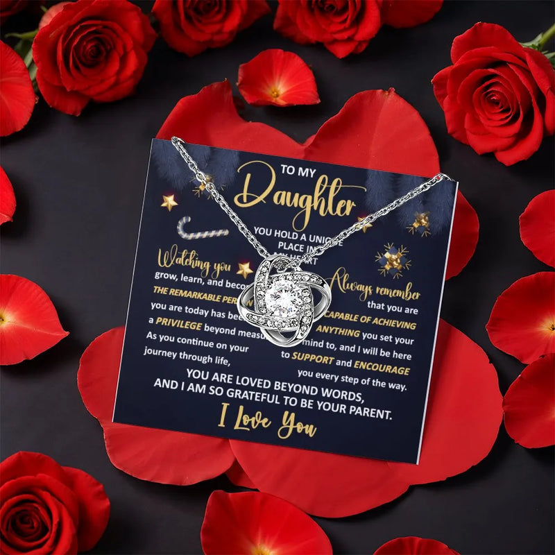 Rotating Rose Box Knot Pendant Necklace, To My Daughter Love Knot Necklace, CZ Crystal Knot Necklace, Meaningful Christmas Birthday Present