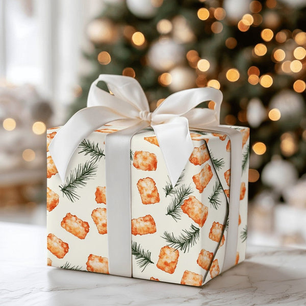Humorous Foodie Holiday Gift Wrap, Tater Tot Christmas Wrapping Paper, Whimsical Potato Pine Wrapping Paper, Secret Santa Xma