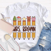 Custom Name Holiday Graphic Tee, Personalized Christmas Pencil Shirt, Adorable Teacher Christmas T-Shirt, Back to School Xmas Season Present