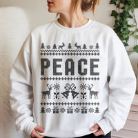 Reindeer Snowflake Pattern Sweater, Peace Ugly Christmas Sweatshirt, Humorous Retro Xmas Party Crewneck, Holiday Fair Isle Pullover