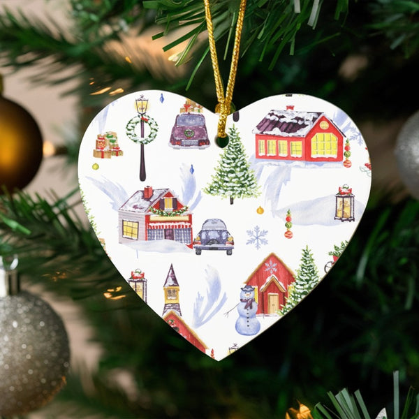 Snowy Winter Town Ceramic Ornament, Watercolor Christmas Village Heart Ornament, Holiday Landscape Tree Ornament, Christmas K