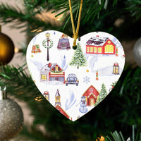 Snowy Winter Town Ceramic Ornament, Watercolor Christmas Village Heart Ornament, Holiday Landscape Tree Ornament, Christmas Keepsake