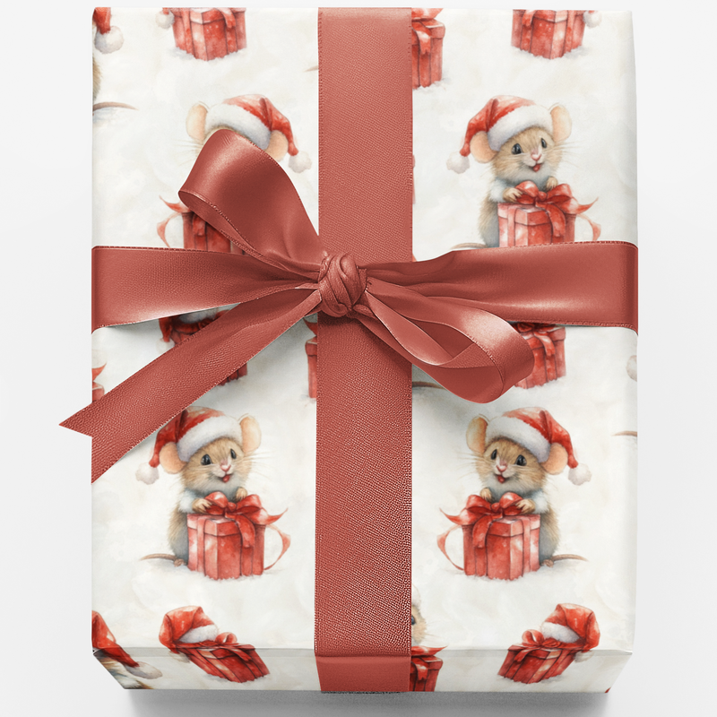 Watercolor Festive Mice Wrapping Paper, Christmas Mouse Gift Wrapping Paper, Adorable Animal Holiday Gift Wrapping Paper, Kids Xmas Wrap
