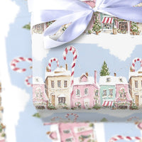 Candy Cane Winter Gift Wrap, Pastel Christmas Village Wrapping Paper, Pink Townhouse Holiday Wrapping Paper