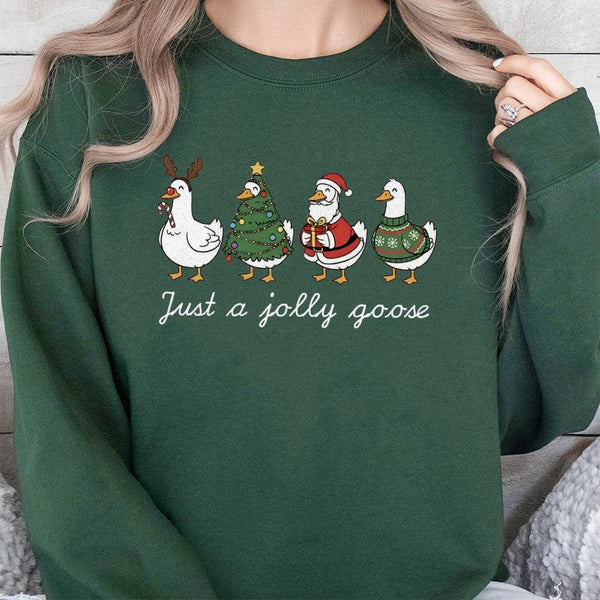 Humorous Christmas Goose Holiday Graphic Sweater, Just A Jolly Goose Sweatshirt, Adorable Winter Animal Pullover, Festive Far