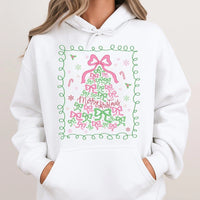 Pink Bow Aesthetic Winter Hoodie, Coquette Christmas Tree Hoodie, Merry Christmas Hooded Pullover, Adorable Holiday Girls Graphic Hoodie