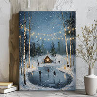 Snowy Cabin Christmas Canvas Print, Winter Ice Skating Canvas Wall Art, Comfy Holiday Wall Decor, Winter Scene Canvas Wall Art
