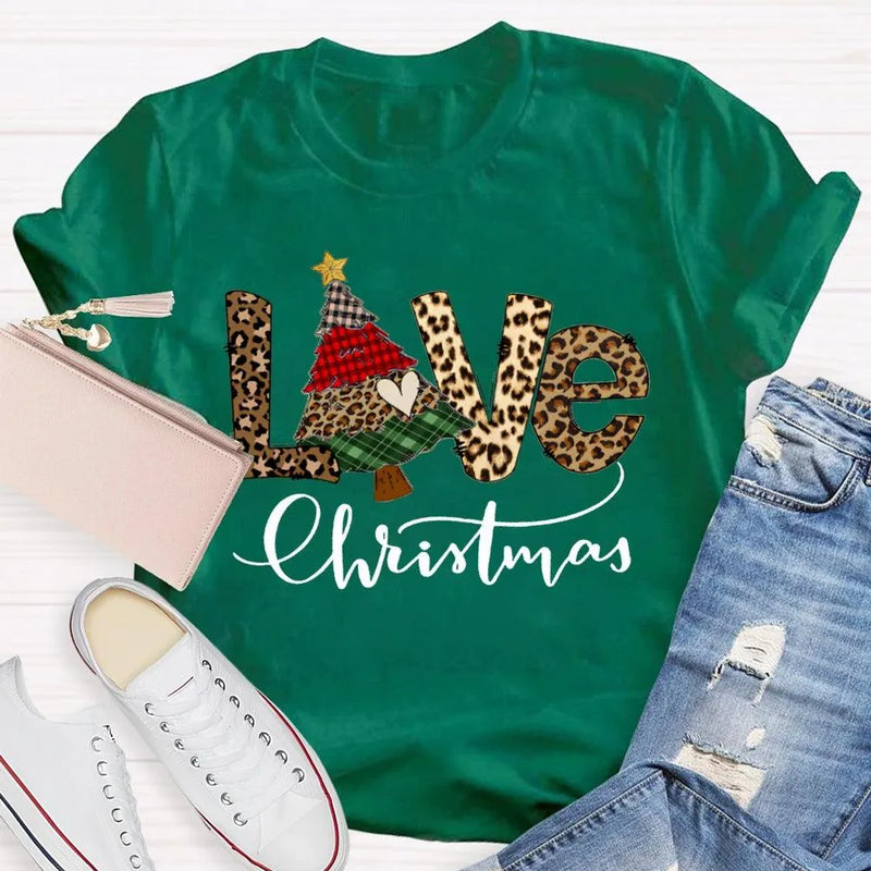Festive Tree Graphic Shirt, Christmas Leopard Print T-Shirt, Trendy Animal Print Holiday Tee, Retro Merry Christmas Graphic T-Shirt