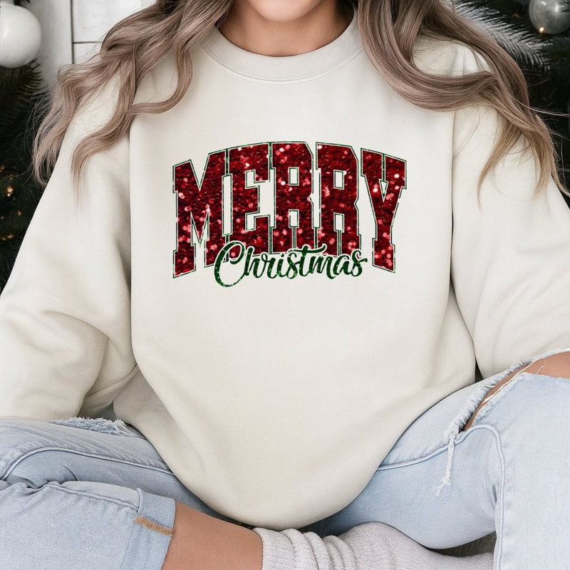 Varsity Lettering Holiday Crewneck, Red Glitter Merry Christmas Sweatshirt, Retro Christmas Sweater, Comfy Pullover, Xmas Present for Women Men