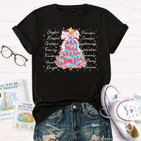 Aesthetic Holiday Graphic Tee, Joyful Peaceful Cheerful Christmas Tree T-Shirt, Retro Xmas Tree Shirt, Festive Winter Holiday Party Top