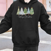 Watercolor Holiday Tree Graphic Sweatshirt, Merry Christmas Tree Hoodie, Festive Winter Season Hooded Pullover, Comfy Xmas Apparel