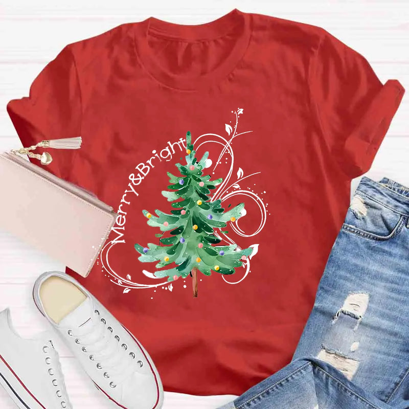Festive Holiday Graphic Tee, Merry and Bright Christmas Tree Shirt, Retro Xmas Tree T-Shirt, Christmas Season Apparel, Winter Holiday Present