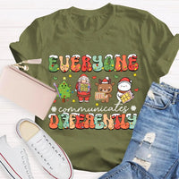 Festive Lights Neurodiversity Tee, Everyone Communicates Differently Christmas Shirt, SPED Teacher Holiday T-Shirt, ASL Xmas Present