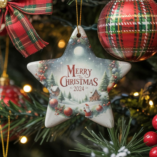 Snowy Winter Village Ornament, Merry Christmas 2024 Star Ornament, Santa Ceramic Tree Ornament, Holiday Star Keepsake Ornamen