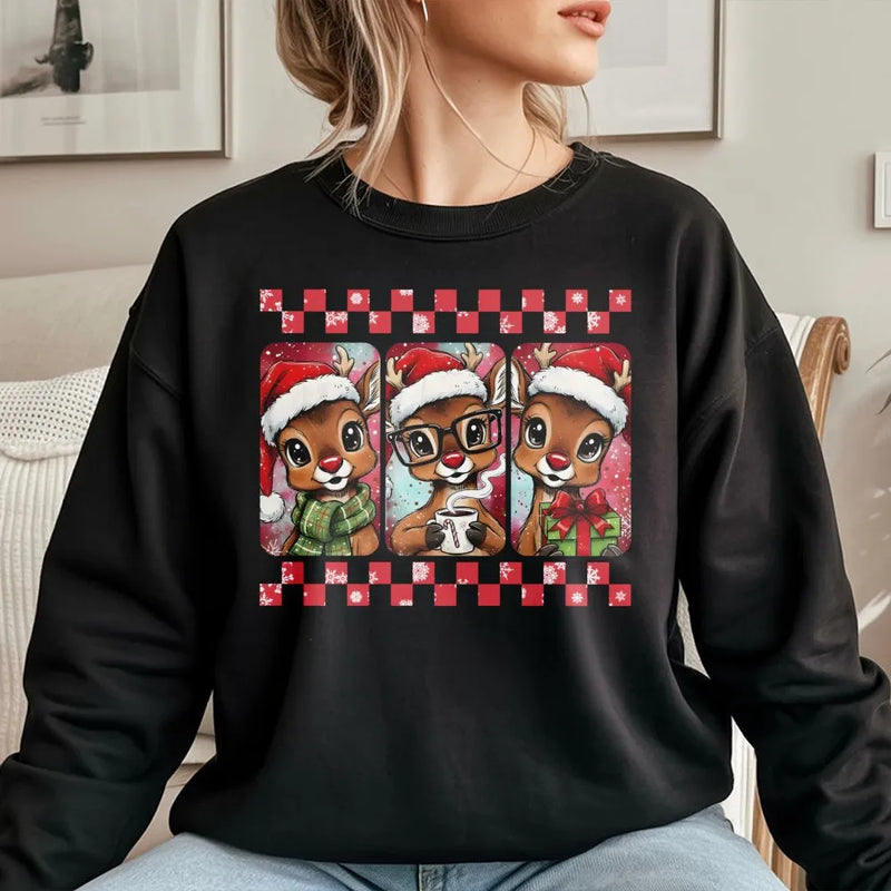 Checkered Holiday Reindeer Sweater, Retro Christmas Reindeer Sweatshirt, Adorable Xmas Crewneck, Festive Reindeer Pullover, Teacher Holiday Present