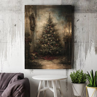 Moody Oil Painting Holiday Print, Vintage Christmas Tree Canvas Wall Art, Traditional Rustic Christmas Wall Decor, Holiday Home Present
