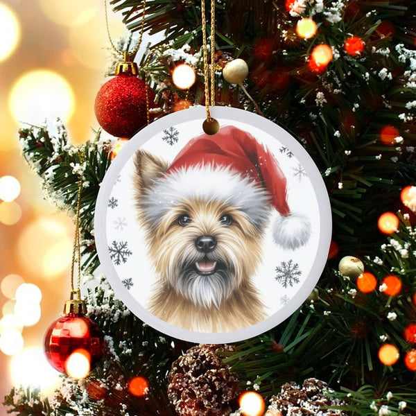 Santa Hat Dog Art Tree Ornament, Cairn Terrier Christmas Ornament, Glossy Ceramic Pet Holiday Ornament, Winter Puppy Keepsake