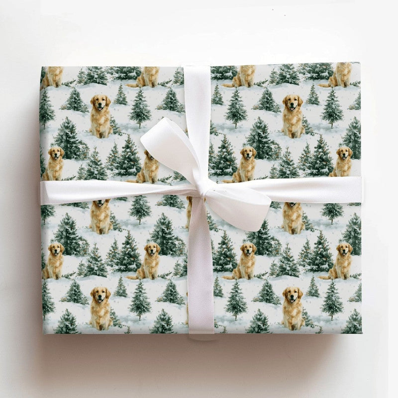 Snowy Pine Tree Dog Gift Wrap, Golden Retriever Wrapping Paper, Winter Landscape Wrapping Paper, Christmas Pet Gift Wrap, Holiday Dog Paper