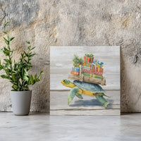 Watercolor Turtle Carrying Presents Print, Christmas Sea Turtle Canvas Wall Art, Coastal Holiday Canvas Decor, Square Canvas Turtle Present