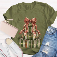 Bookworm Holiday Graphic Tee, Books Bows Lights Christmas Tree Shirt, Comfy Bookish Christmas T-Shirt, Reader Teacher Xmas Present Tee