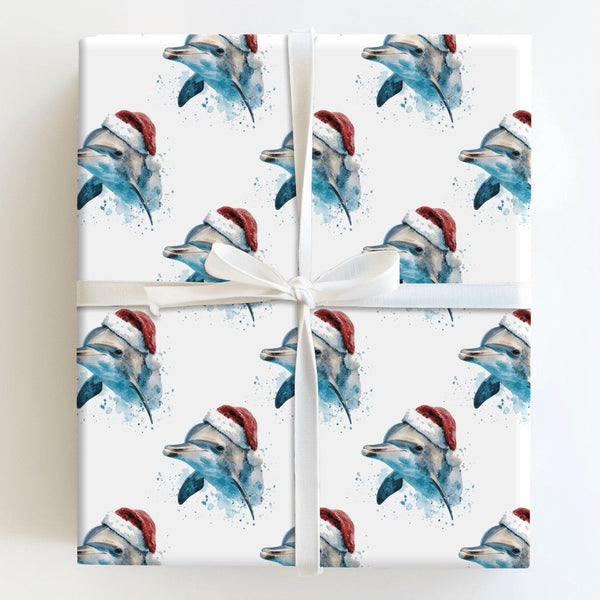 Watercolor Christmas Dolphin Wrapping Paper, Santa Hat Dolphin Wrapping Paper, Coastal Beach Holiday Wrapping Paper, Ocean An