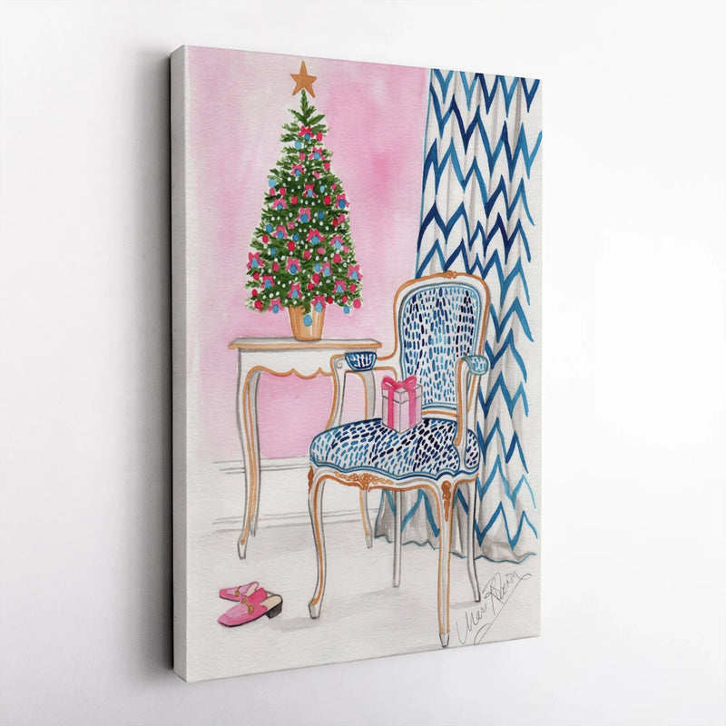 Festive Holiday Room Decor, Watercolor Christmas Tree and Leopard Chair Canvas Wall Art, Preppy Xmas Poster, Winter Seasonal Print