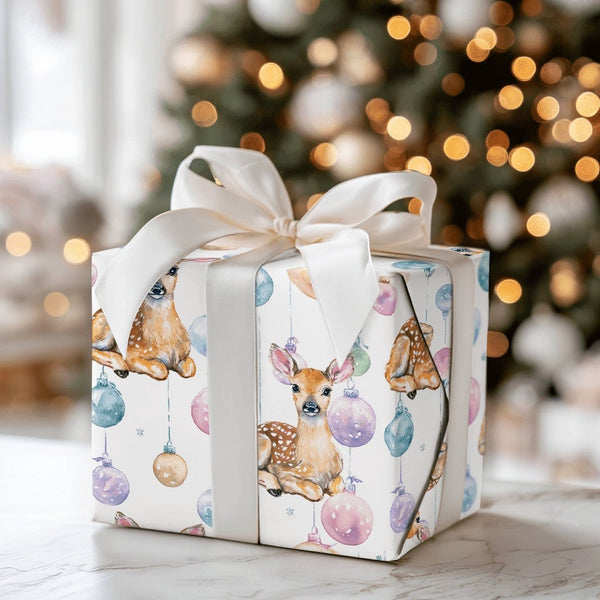 Baby Deer Christmas Gift Wrap, Watercolor Fawn Wrapping Paper, Pastel Baubles Holiday Present Paper, Whimsical Winter Wrap Ro