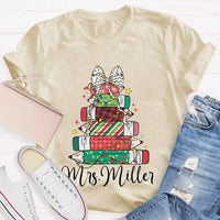 Colorful Crayons Bows Holiday Shirt, Personalized Christmas T-Shirt, Custom Name Kids Xmas Graphic Tee, Festive School Party Shirt