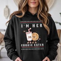 Humorous Matching Christmas Couples Hoodie, Im Her Cookie Eater Hoodie, Adorable Holiday Baking Hooded Sweatshirt, Retro Xmas Pullover Hoodie
