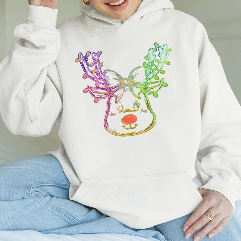 Neon Coquette Bow Sweatshirt, Adorable Reindeer Christmas Hoodie, Preppy Winter Reindeer Pullover, Festive Holiday Graphic Hooded Sweater Present
